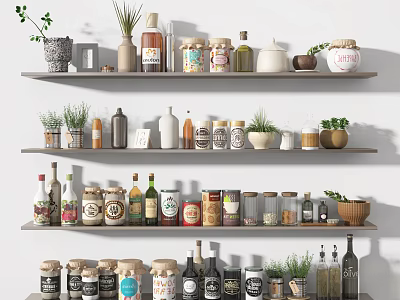 Organized Kitchenware Display On Multiple Shelves With Jars Bottles And Green Plants 3d model