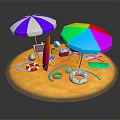 Colorful Beach Scene With Striped And Multicolored Umbrellas Surfboard Beach Ball And Inflatable Ring