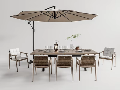 Outdoor Table Set With Chairs Umbrella And Tableware Vase Green Plant 3d model