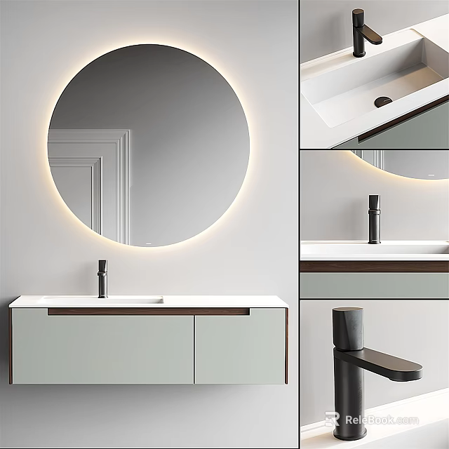 Modern White Bathroom Vanity With Backlit Round Mirror And Black Faucet 3d model 