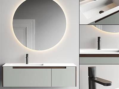 Modern White Bathroom Vanity With Backlit Round Mirror And Black Faucet 3d model