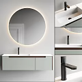 Modern White Bathroom Vanity With Backlit Round Mirror And Black Faucet