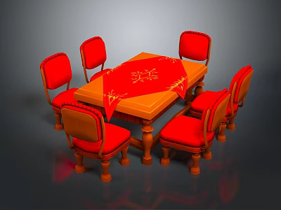 Dining Table Set with Red Chairs Wooden Frame and Ornamental Tablecloth 3d model