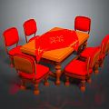 Dining Table Set with Red Chairs Wooden Frame and Ornamental Tablecloth