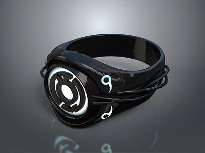 Unique Black Ring With Glowing Circular Center And Intricate Symbol Details 3d model
