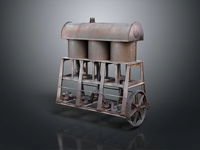 Vintage Industrial Engine With Metal Frame And Cylindrical Tanks On Wheels 3d model