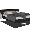 Dark Leather Double Bed With White Sheets Gray Comforter Nightstand Table Lamp On Rug 3d model