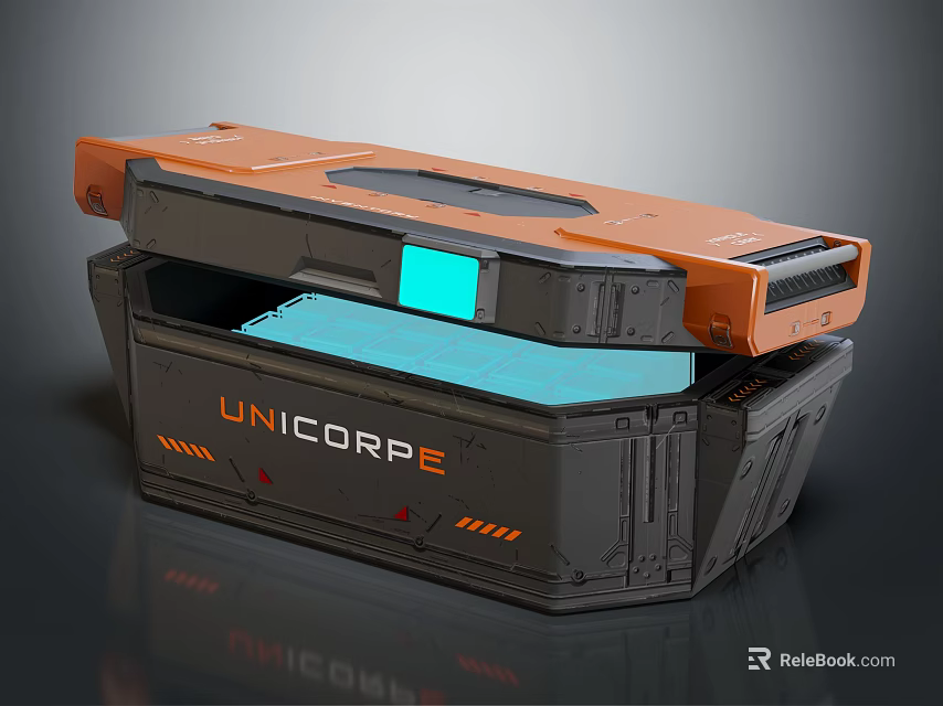 Orange And Gray UNICORPE Container With Blue Glowing Panel Layered Industrial Sci Fi Design 3d model 
