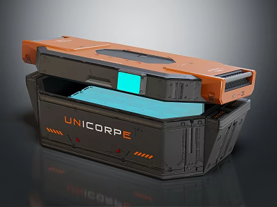 Orange And Gray UNICORPE Container With Blue Glowing Panel Layered Industrial Sci Fi Design 3d model