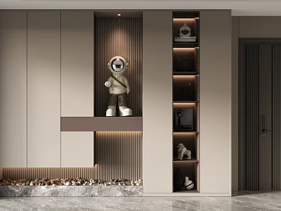 Elegant Modern Shoe Cabinet With Layered Design Astronaut Figurine LED Lighting And Marble Countertop 3d model