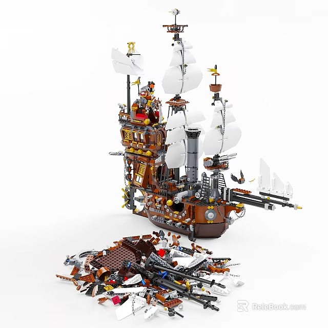 Building Blocks Pirate Ship Model With White Sails Cannons And Scattered Pieces 3d model