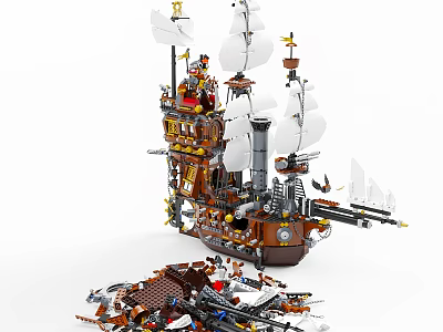 Building Blocks Pirate Ship Model With White Sails Cannons And Scattered Pieces 3d model