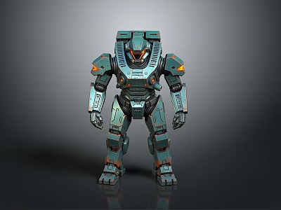 Teal Armored Sci Fi Robot Character With Orange Accents In Standing Pose 3d model