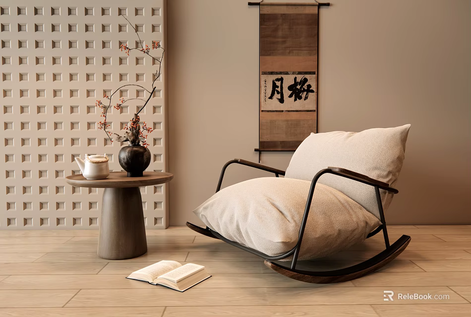 Comfortable Rocking Chair with Beige Cushion Small Table Vase Teacup Scroll Wooden Floor Open Book 3d model 
