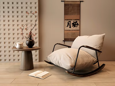 Comfortable Rocking Chair with Beige Cushion Small Table Vase Teacup Scroll Wooden Floor Open Book 3d model