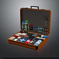 Red Portable First Aid Kit With Medical Supplies Bandages Bottles And Scissors