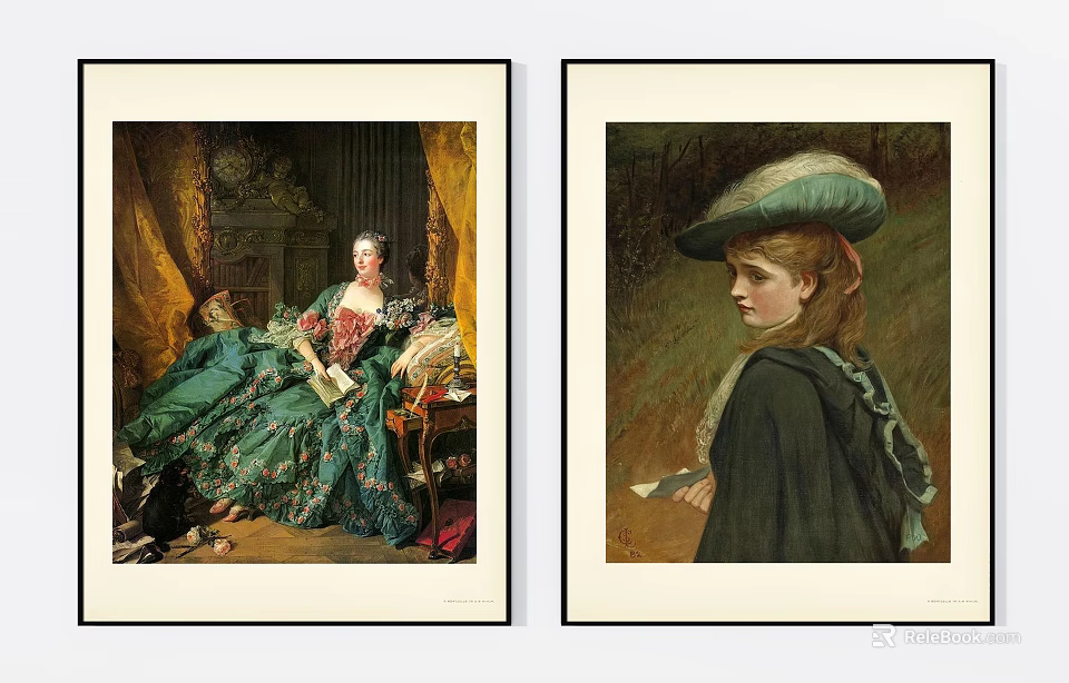 Vintage Portrait Paintings Featuring Two Female Figures In Green Attire And Decorative Backgrounds 3d model 