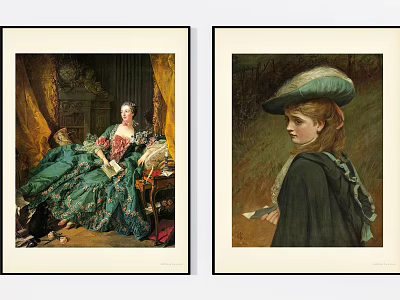 Vintage Portrait Paintings Featuring Two Female Figures In Green Attire And Decorative Backgrounds 3d model