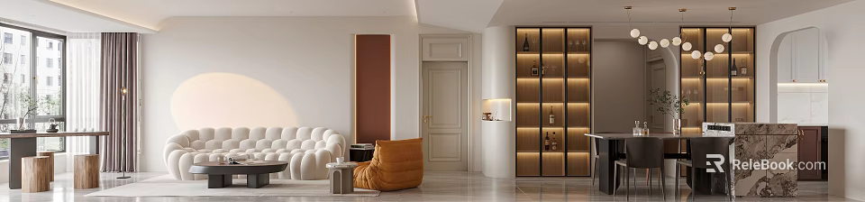 Modern Minimalist Living And Dining Area Interior With White Sofa Orange Armchair And Wine Rack 3d model 