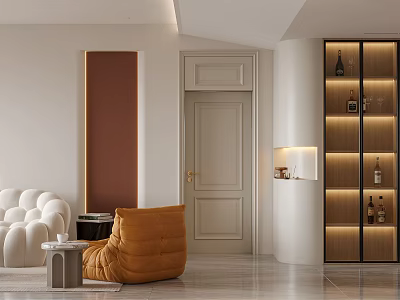 Modern Minimalist Living And Dining Area Interior With White Sofa Orange Armchair And Wine Rack 3d model