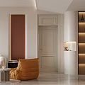 Modern Minimalist Living And Dining Area Interior With White Sofa Orange Armchair And Wine Rack