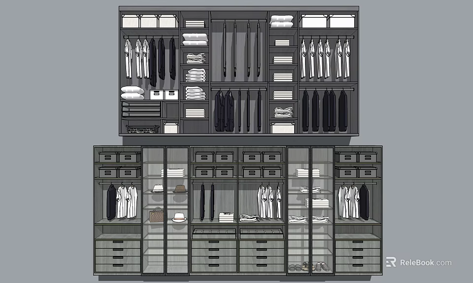 Modern Wardrobe Interior Design With Organized Storage Glass Doors Drawers And Hanging Rails 3d model 