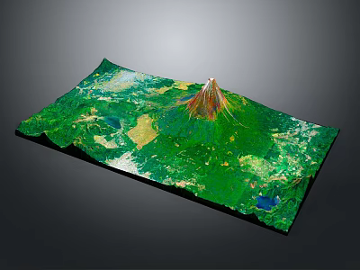 3D Terrain Model Of Green Landscape With Central Volcano And Lakes 3d model