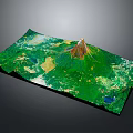 3D Terrain Model Of Green Landscape With Central Volcano And Lakes