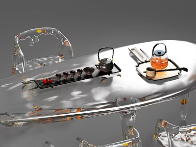 Elegant Modern Dining Space With Transparent Glass Table And Tea Set Furniture 3d model
