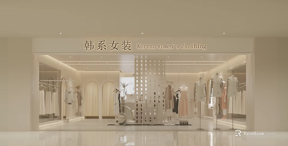 Korean Women's Clothing Store with Fashionable Dresses on Mannequins Modern Interior and Elegant 3d model 