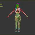 3D Female Character With Red Purple Hair Blue Black Outfit Fishnet Stockings And Blue Boots