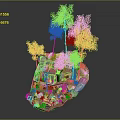 Cartoon Scenic Island Scene With Greenhouse Trees Solar Panels And Pathway Rocks