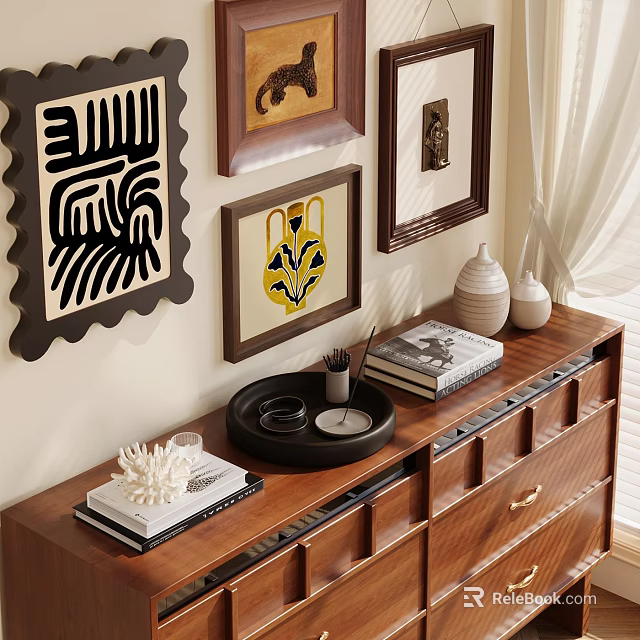 Decorative Ornament Set on Wooden Dresser with Wall Art Books Coral Ornament Vases and Tray 3d model 