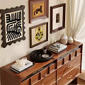 Decorative Ornament Set on Wooden Dresser with Wall Art Books Coral Ornament Vases and Tray