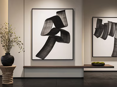 Modern Interior Decor Featuring Two Abstract Black Line Paintings Vase With Plants And Bench 3d model