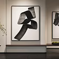 Modern Interior Decor Featuring Two Abstract Black Line Paintings Vase With Plants And Bench