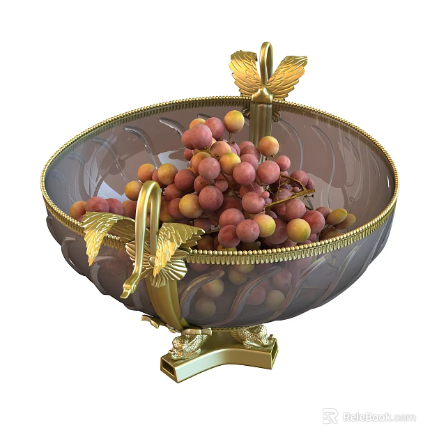Fresh Pink And Yellow Berries In Gold Decorated Glass Fruit Bowl With Butterfly Bird Decorations 3d model 