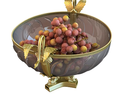 Fresh Pink And Yellow Berries In Gold Decorated Glass Fruit Bowl With Butterfly Bird Decorations 3d model