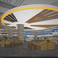 Modern Supermarket Interior Design with Circular Ceiling Lighting and Wooden Product Displays