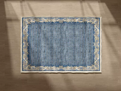 Elegant Blue Square Rug with Decorative Border Pattern on Wooden Floor 3d model