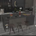 Modern Open Kitchen Interior With Dark Cabinets Island Counter Stools Appliances And Fruits