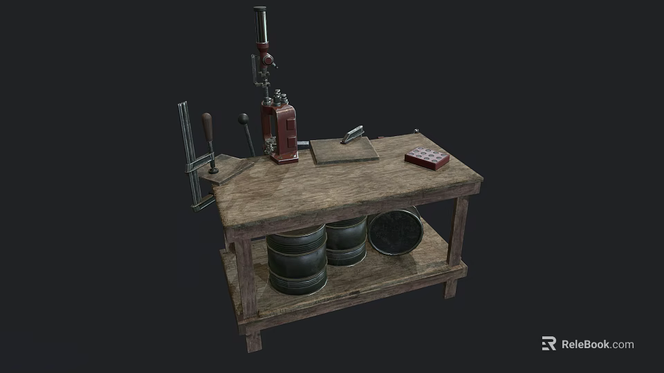 Wooden Workbench With Red Tool Metal Clamp Cutting Board Underneath Barrels And Pan 3d model 