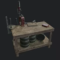 Wooden Workbench With Red Tool Metal Clamp Cutting Board Underneath Barrels And Pan