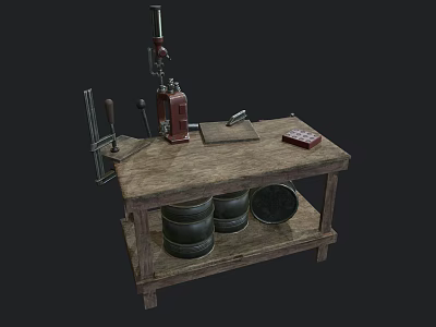 Wooden Workbench With Red Tool Metal Clamp Cutting Board Underneath Barrels And Pan 3d model