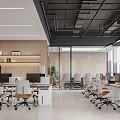Modern Public Office Area Interior With Sofa Work Desks Office Chairs Plants And Circular Wall Decor