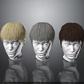 Three Different Colored Wigs Blonde Gray Brown On White Human Head Mannequins For Role Styling