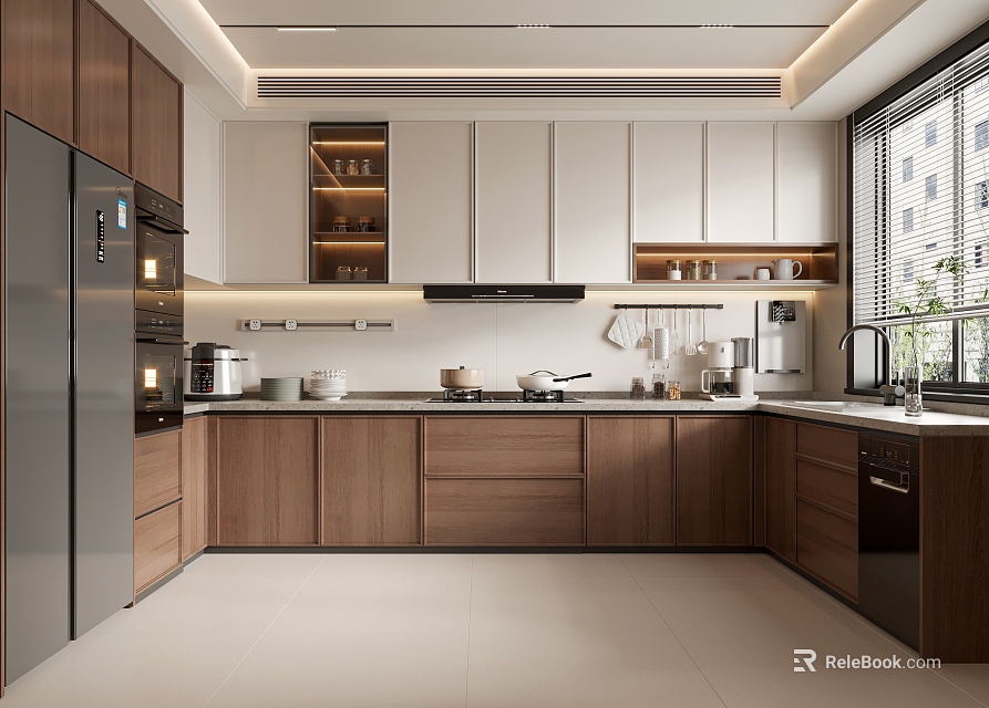 Modern Kitchen Interior With Wooden White Cabinets Island Counter And Stainless Steel Appliances 3d model 