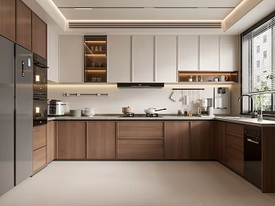 Modern Kitchen Interior With Wooden White Cabinets Island Counter And Stainless Steel Appliances 3d model