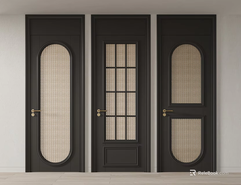 Black Swing Doors Featuring Oval Grille Grid Panels And Gold Handles 3d model 