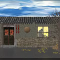 Ancient Building Tile Roof Stone Wall Red Doors Lit Window With Fallen Leaves Wood Stack